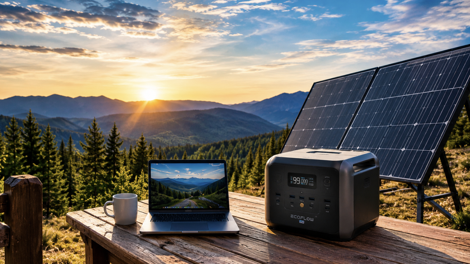 Portable power station and solar panel set up outside a cabin