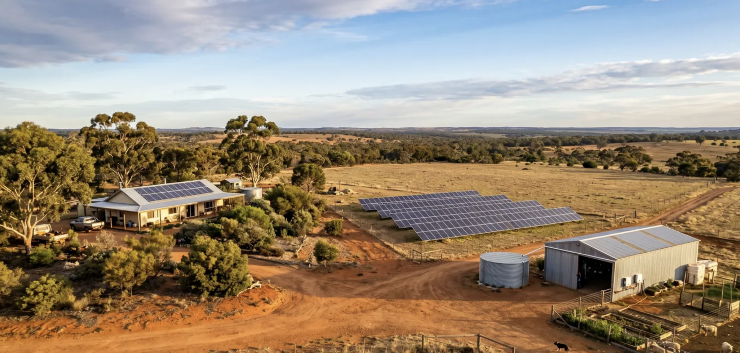 Solar panel array set up on open rural land at sunset
