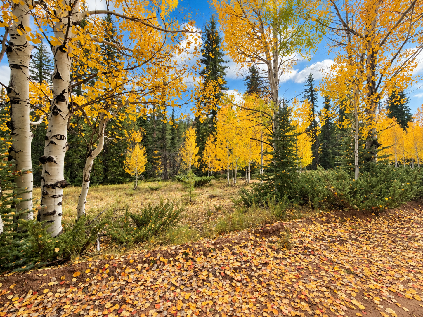 White-barked aspens with golden leaves and conifers on a leaf-covered forest floor