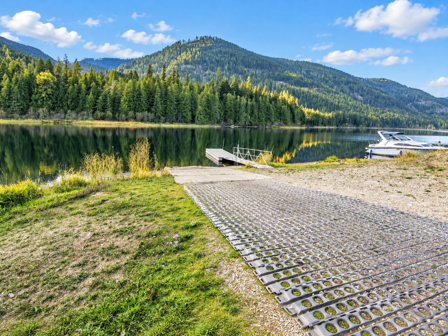 Bull Lake boat ramp, floating dock and moored boat with forested hills reflected in the water