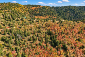 Elevated view of a dirt road and a few cabins among colorful wooded hillsides near Strawberry Point, Utah
