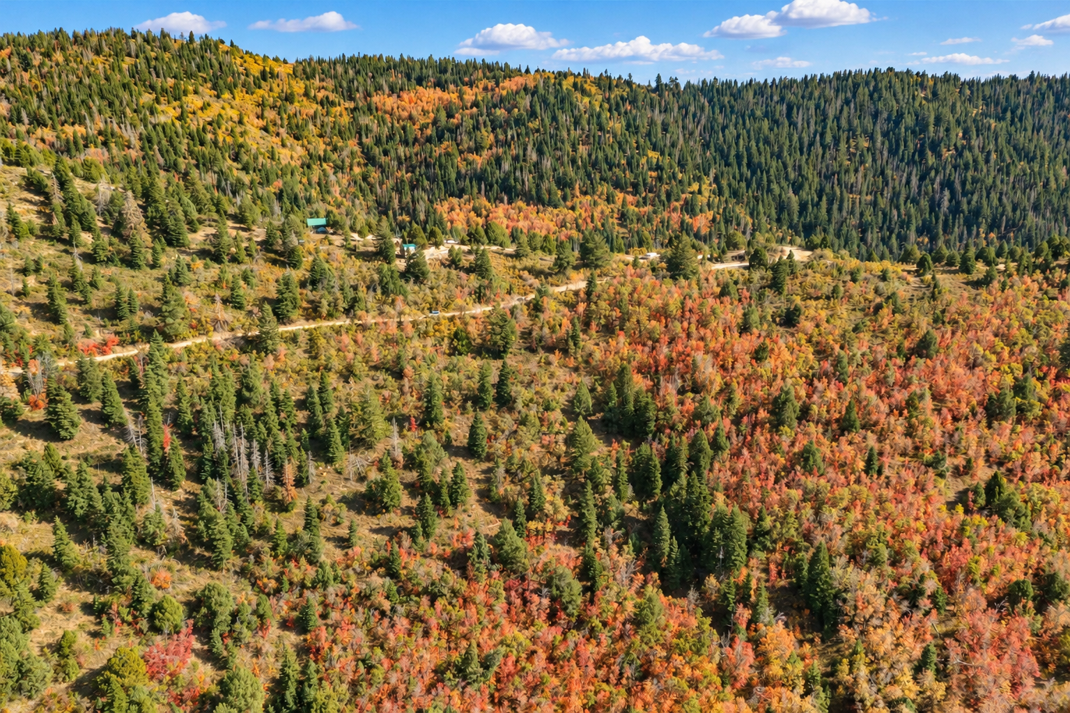 Elevated view of a dirt road and a few cabins among colorful wooded hillsides near Strawberry Point, Utah