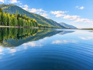 Forest-lined Bull Lake shoreline with distant mountain peaks reflected in blue water