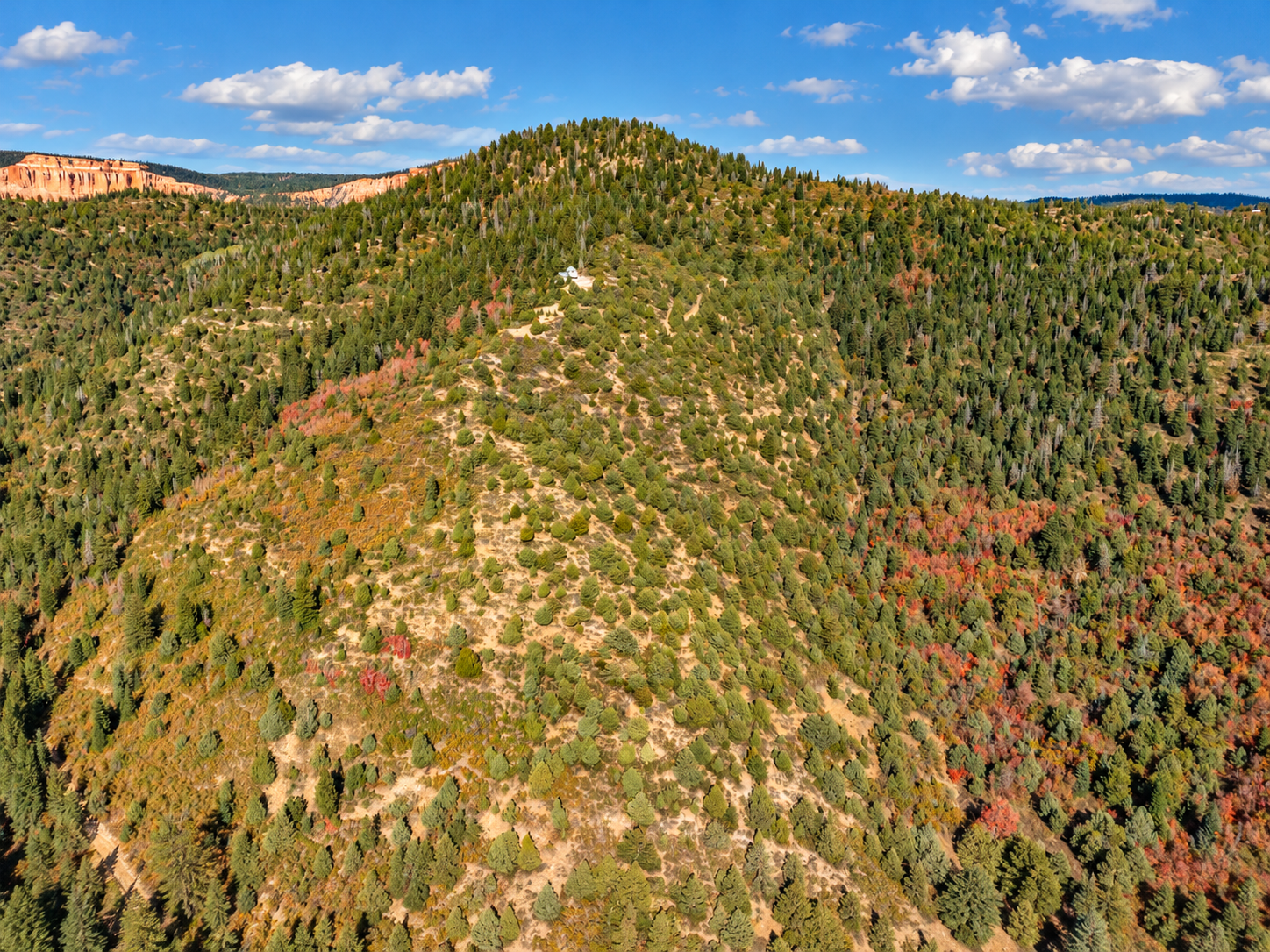 Rocky, forested hill with distant orange cliffs and a small building on the slope