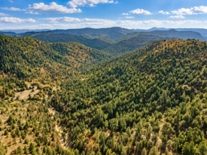 Wide drone view over wooded valleys and layered mountains stretching to the horizon in southern Utah