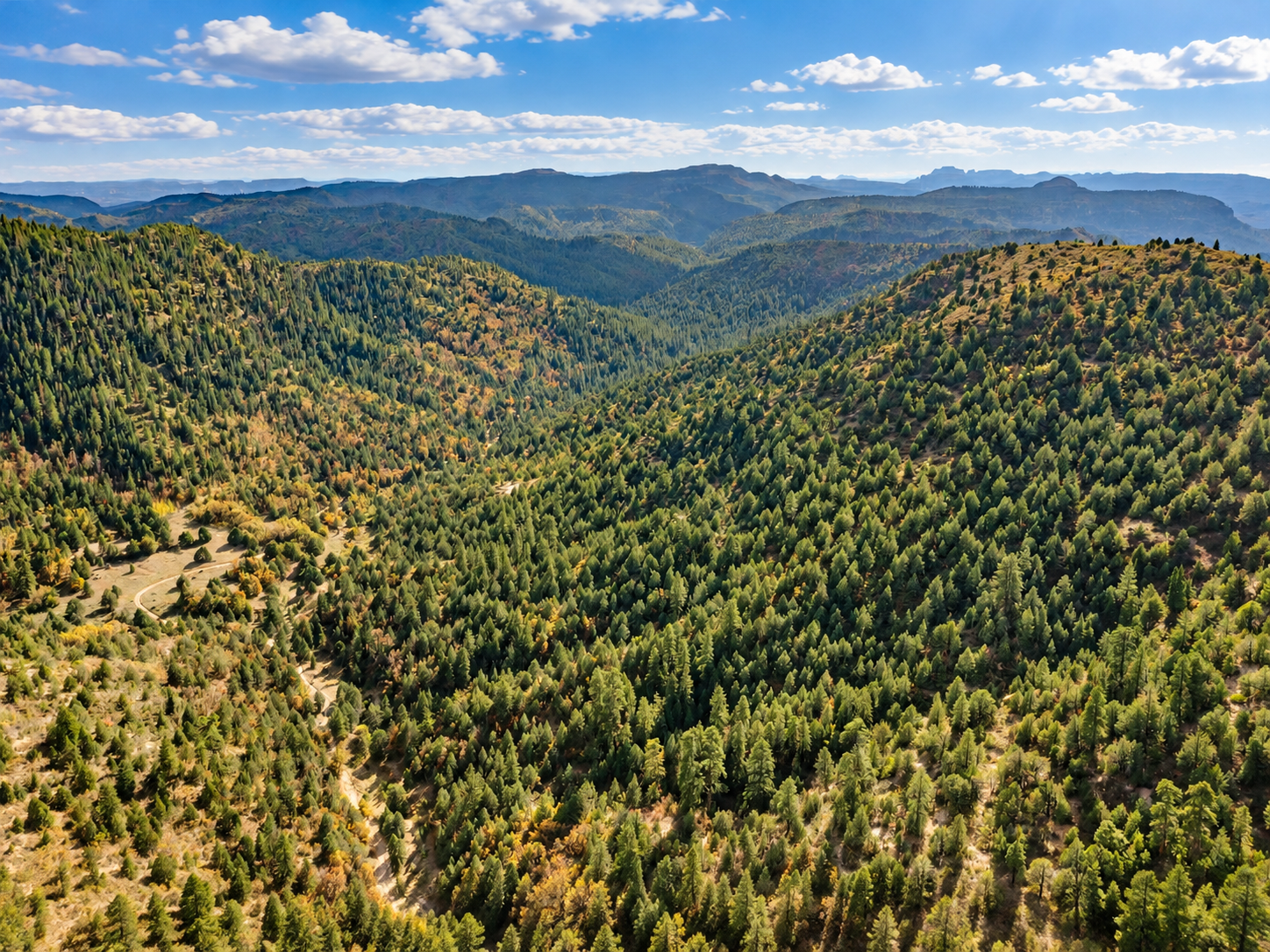 Wide drone view over wooded valleys and layered mountains stretching to the horizon in southern Utah