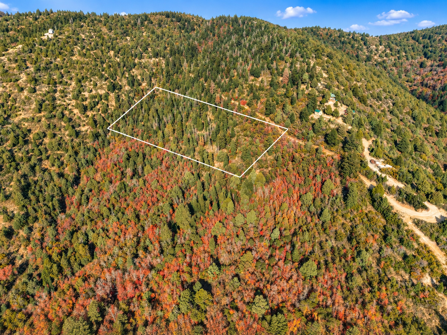 Drone image with a white outline marking the 5-acre wooded lot on a mountainside in Kane County, Utah