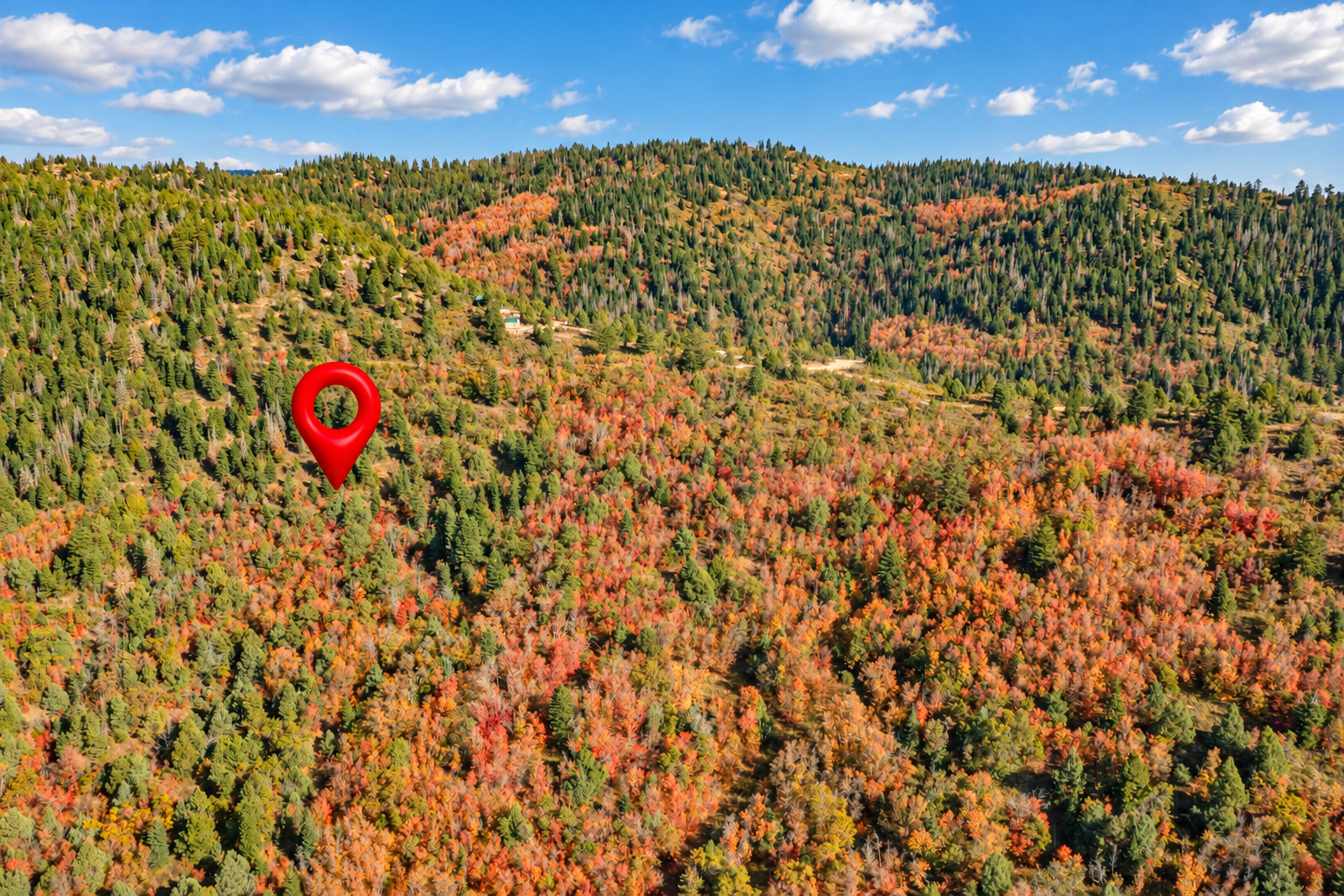Red pin marking the 5-acre property in the wooded mountains of Kane County, Utah