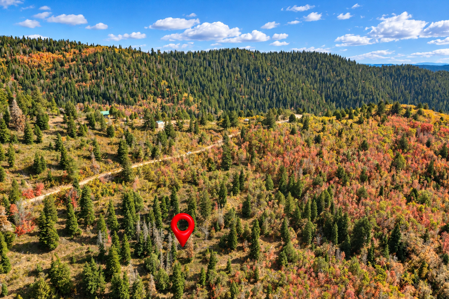 Location pin marking 5 acres of forest land among conifers and aspens in Kane County, Utah
