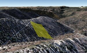 Google Earth 3D map highlighting the 5-acre parcel on a mountain hillside in Kane County, Utah