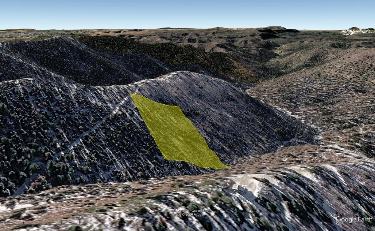 Google Earth 3D map highlighting the 5-acre parcel on a mountain hillside in Kane County, Utah