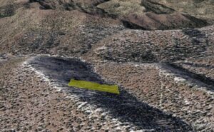 Angled 3D terrain map showing the long 5-acre lot on a wooded mountain slope in southern Utah