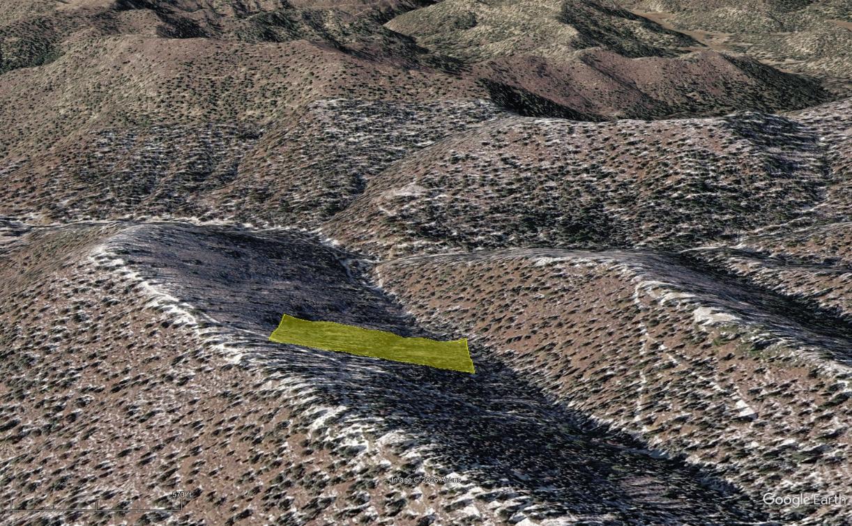 Angled 3D terrain map showing the long 5-acre lot on a wooded mountain slope in southern Utah