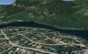Google Earth view of the highlighted parcel, Angel Island roads and Bull Lake shoreline in Montana