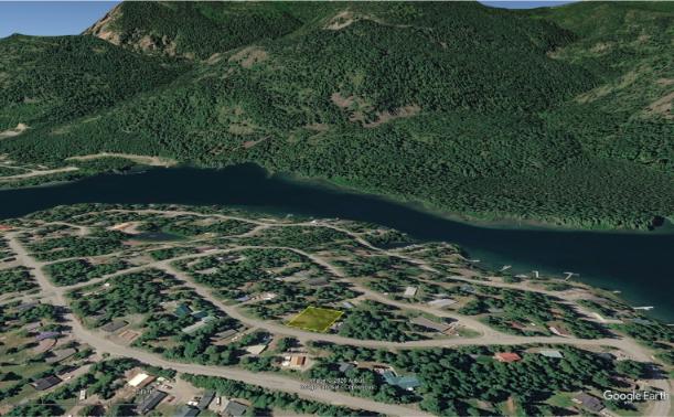 Google Earth view of the highlighted parcel, Angel Island roads and Bull Lake shoreline in Montana